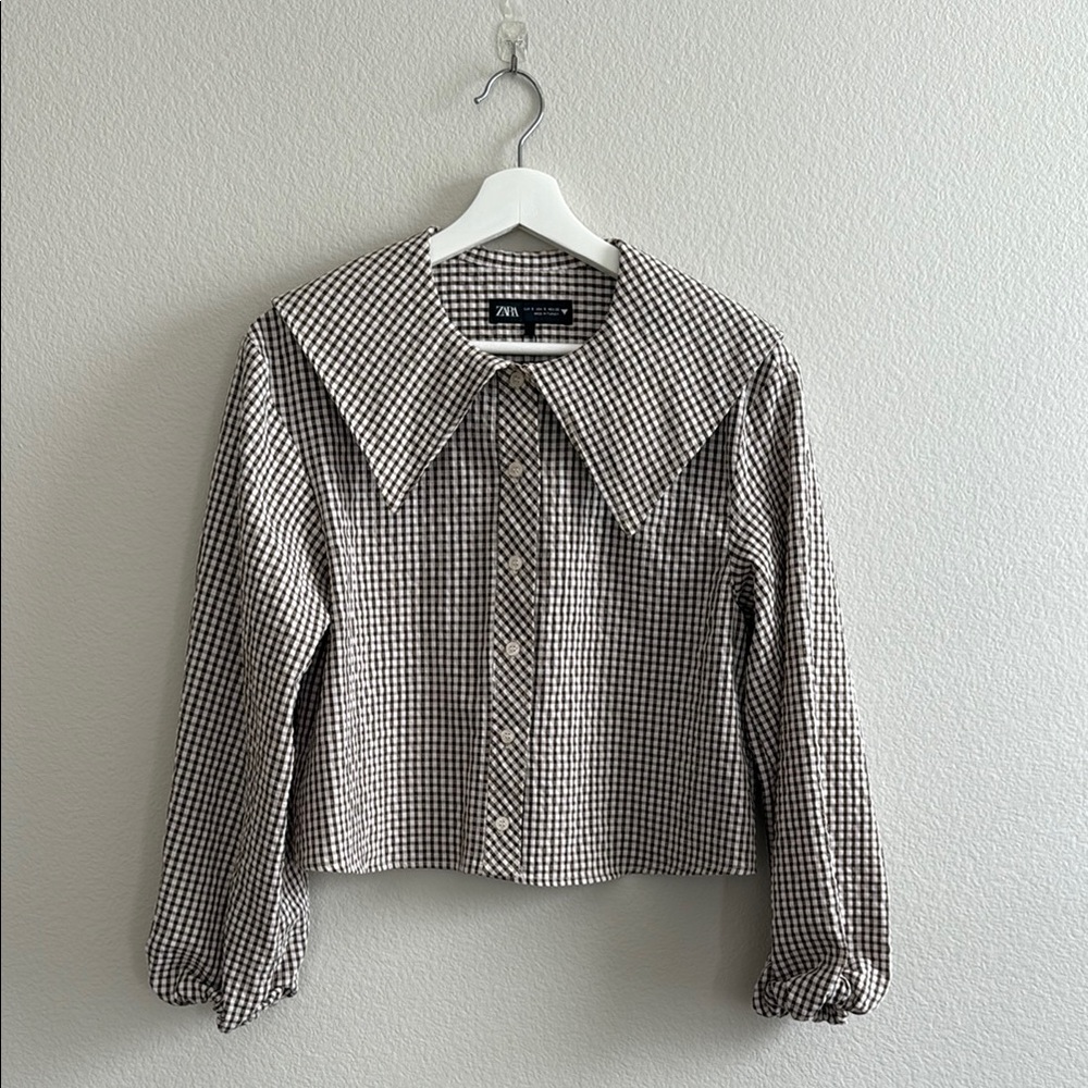 Zara Cropped Brown and White Checkered Women's Top Plaid Peter Pan
